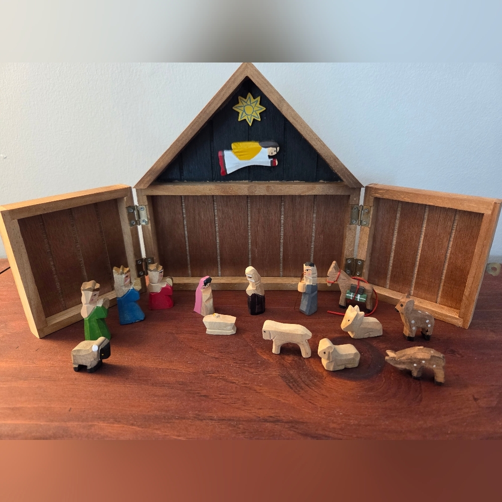Vintage Lillian Vernon Hand Carved Wood Nativity Set